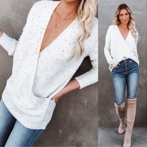 Wrap Cross Front Confetti White Sweater Small